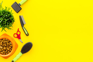 Dog food and toys with grooming tools, top view