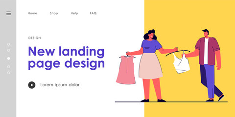 Woman showing new clothes to man. Wife showing new top and dress to husband. Clothes shopping. Shopping concept for banner, website design or landing web page