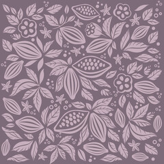 Cocoa beans with leaves. Drawn cocoa beans, tropical fruits, foliage. Organic desserts, aromatic drinks, natural chocolate. Vector graphic background.