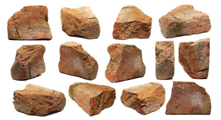 Set old dirty, broken red brick isolated on white 