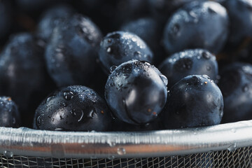 Juicy fruits of black ripe grapes close-up as texture.