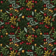 Pattern of bright flowers and plants on a dark background