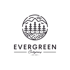 Evergreen Pine Tree Forest and Creek River for Camp Adventure Vintage Hipster Logo