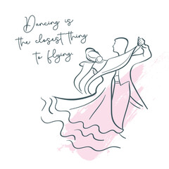 Professional dancer with dancing couple woman and man dancing. Continuous drawing of one line. Vector graphic.