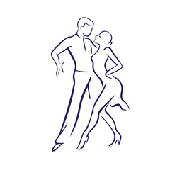 Professional dancer with dancing couple woman and man dancing. Continuous drawing of one line. Vector graphic.