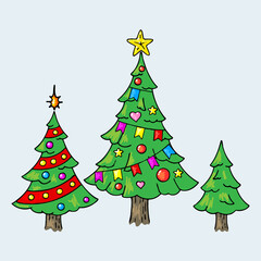 Set of Christmas trees, doodle style. New Year vector, colorful illustration.