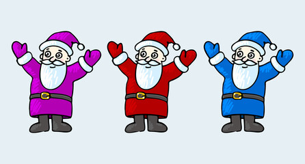 Set of multicoloured Santaclauses, doodle style. New Year vector illustration. Picture is in red, yellow, blue, purple tones.