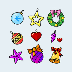 Set of Christmas tree toys, doodle style. Colorful vector illustration.