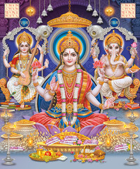 Obraz na płótnie Canvas Lord Laxmi, Lord Ganesha, Lord Saraswati with colorful background wallpaper , Diwali Pooja poster design for wallpaper