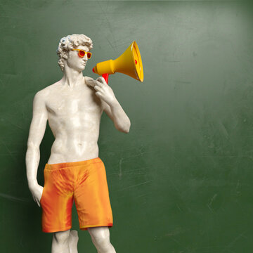 Statue of David by Michelangelo with sunglasses and megaphone, green background. 3D rendering