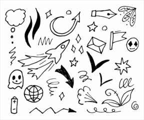 Hand drawn collection of doodle elements for design concept. Arrows, splashes, waves, broken lines, drops, circles, curly squiggles, geometric shapes and other abstract objects in the doodle style.