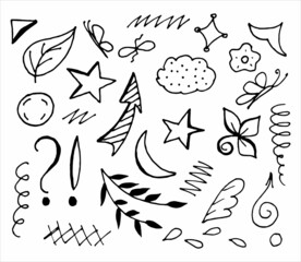 Fototapeta na wymiar Hand drawn collection of doodle elements for design concept. Arrows, splashes, waves, broken lines, drops, circles, curly squiggles, geometric shapes and other abstract objects in the doodle style.