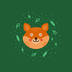 Head with expression of emotions of a funny fox in cartoon style isolated on a colored background.