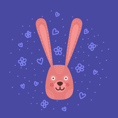 Head with expression of emotions of a funny bunny in cartoon style isolated on a colored background.