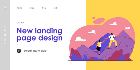 Man and woman hiking vector illustration. Couple of hikers with backpacks helping each other during trek on top of mountain. Outdoor activity concept for banner, website design or landing web page