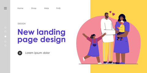Family welcoming foster child. Black woman holding white boy. Everyone happy and loving. Girl jumping joyfully. Foster parenting concept for banner, website design or landing web page
