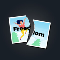 Torn photo of happy girl jumping, with word freedom. On a black background.