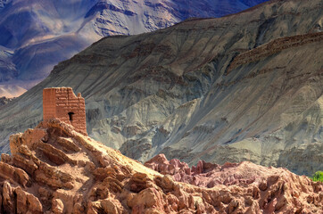 Ruins at Basgo Monastery surrounded with stones and rocks , Ladakh, Jammu and Kashmir, India