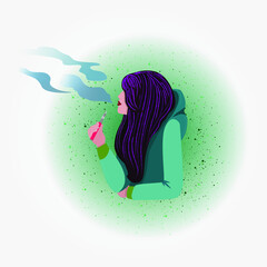 Vector drawing. Circle shape. A young girl with bright hair smokes an electronic cigarette. Vape. Vaper. Harm and benefit.
