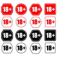 18 plus vector icons set. Under 18 not sign. Number eighteen circle. Age registration signs isolated on white background.
