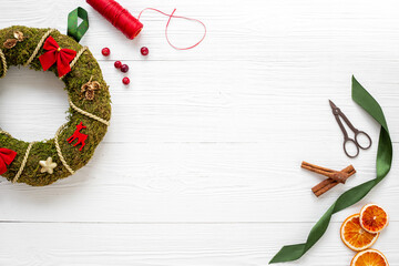 Christmas wreath top view. Winter holidays decoration