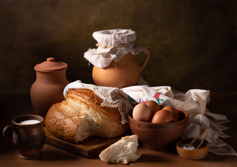 Vintage still life with fresh food and ceramic dishes