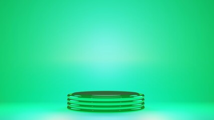 Product showcase glass stage pedestal in total green color. Cosmetics beauty podium platform. 3d render scene display background