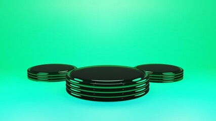 Product showcase triple stage pedestal with glass effect. Cosmetics beauty podium platform. 3d render scene display background