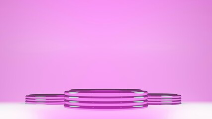 Product showcase triple glass stage pedestal in romantic pink color. Cosmetics beauty dreamy podium platform. 3d render scene display background