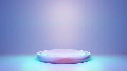Product showcase stage pedestal in pastel color holographic effect lights. Cosmetics beauty podium platform. 3d render scene display background