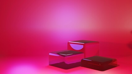 Product showcase stage red glass pedestal for valentines day to celebrate love. Cosmetics beauty podium platform. 3d render scene display background. 2023 magentaverse color
