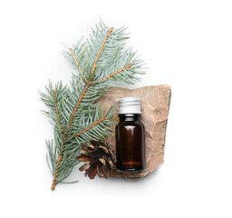 Composition with bottle of essential oil, fir branch, pine cone and stone on white background