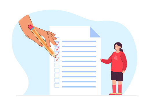 Hand of teacher ticking checkboxes in to do list for kid. Tiny girl standing near paper checklist flat vector illustration. Task, productivity concept for banner, website design or landing web page