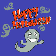 Vector children's design for backgrounds and fabrics, postcards.Funny Halloween party,pumpkin, ghost,skull,broom,bat,voodoo doll,Cauldron,witch hat