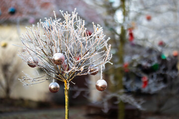 Christbaumkugeln hängen im Winter als Deko im Garten an Ästen