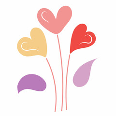 Sticker flowers in the shape of a heart. Vector illustration of love for Valentine's day in flat style. Pink, red and yellow heart shaped flowers decoration isolated on a white background.