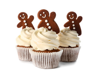 Tasty cupcakes with gingerbread cookies on white background