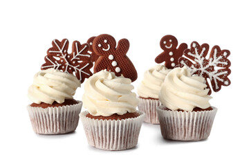 Tasty cupcakes with gingerbread cookies on white background