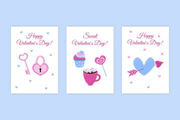 Valentines day romantic greeting cards. Vector collection of holiday postcards. Sweet desserts, cute heart with arrow and lock with key. Valentines set