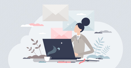 Writing professional email and business communication tiny person concept. Write new digital letter using computer document vector illustration. Elegant businesswoman in work with company laptop. - obrazy, fototapety, plakaty