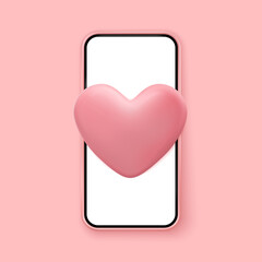 Smartphone with heart 3d vector. Valentines day love message. Social media like or comment, website feedback. Love, wedding, engagement, datting and passion symbol.