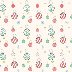 Christmas and New Year Seamless Pattern in doodle simple minimalist style. Red and green balls, stars and snowflakes doodled or hand drawn on light yellow background. Aesthetic and cute.