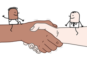 Cartoon Black and White men Meeting on a big Handshake