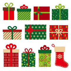 Set of christmas red and green gift boxes. Vector illustration.	
