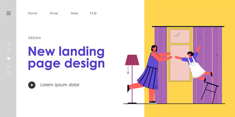 Mother catching falling daughter. Woman trying to help girl falling from chair. Worried mom looking at child. Little girl scared. Trauma and accident concept for banner, website or landing page