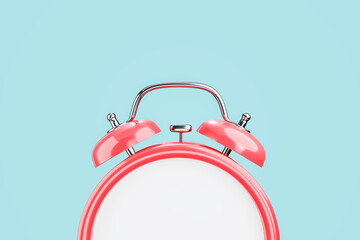 Red classic clock mockup on light blue background, copy space for your design, Time alarm clock concept, Pastel color, isolated object.3d rendering