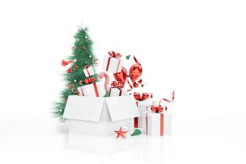 Surprise open gift box on white background, Merry Christmas and Happy New Year, Christmas tree, star,balloons.3d rendering