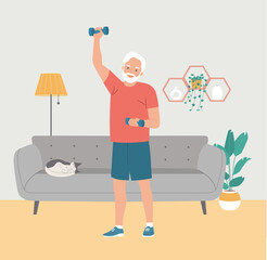 Elderly man do exercises at home. Living room interior. Stay home. Flat style cartoon vector illustration.