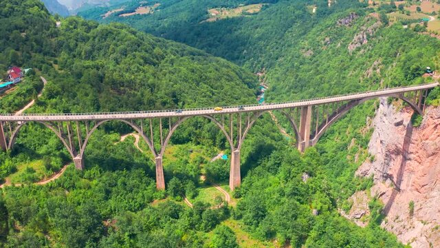Panoramic aerial view of the Djurdjevic bridge above Tara blue river, Montenegro.