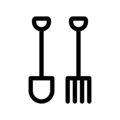 Shovel and pitchfork icon. Black contour linear silhouette. Front vertical view. Vector simple flat graphic illustration. The isolated object on a white background. Isolate.